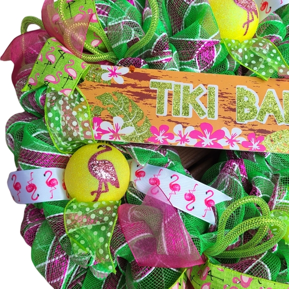 🦩HANDMADE SUMMER FLAMINGO DECO MESH WREATH TIKI - Picture 3 of 4